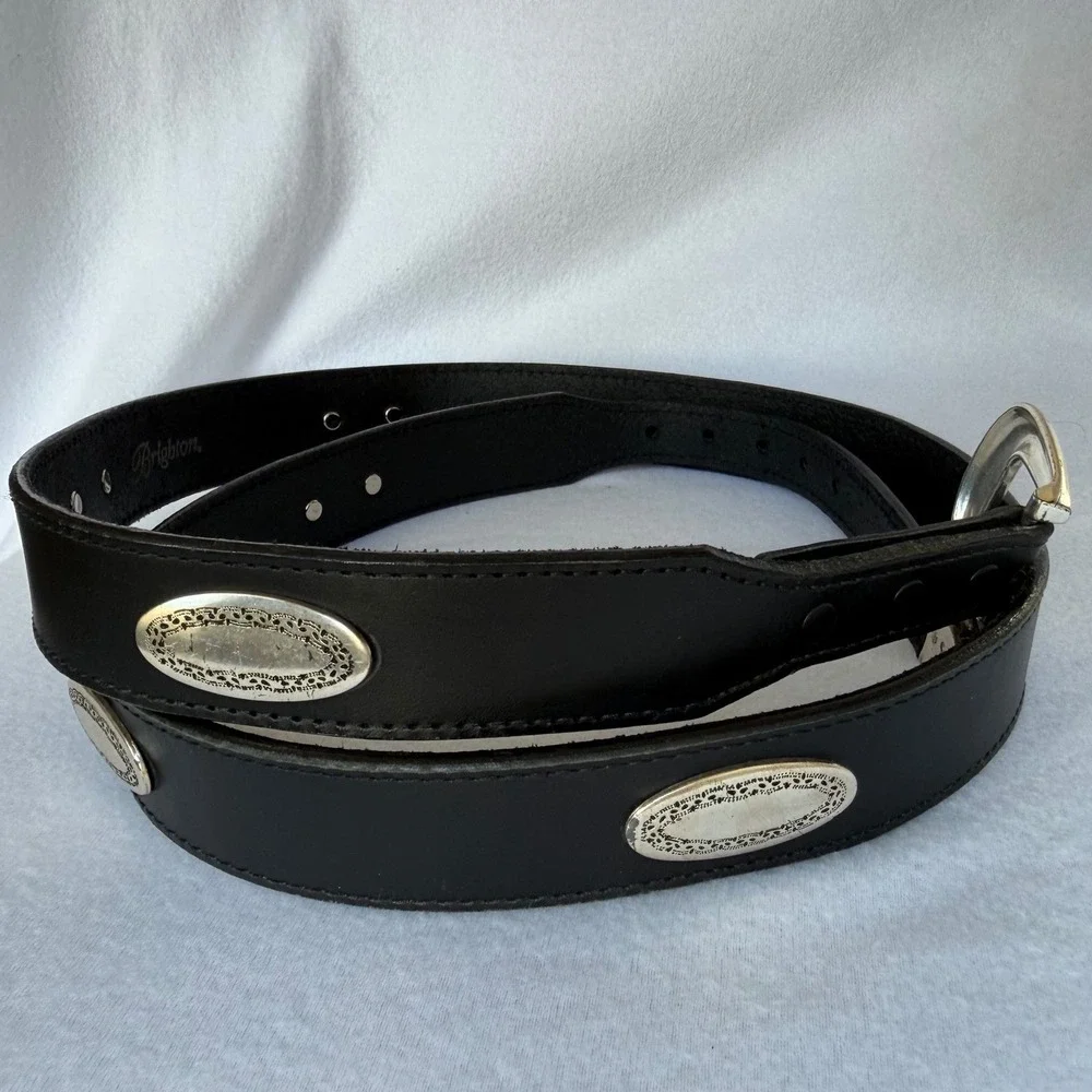 Brighton Leather Belt Womens 46 Black Western Silver Concho Engraved Buckle